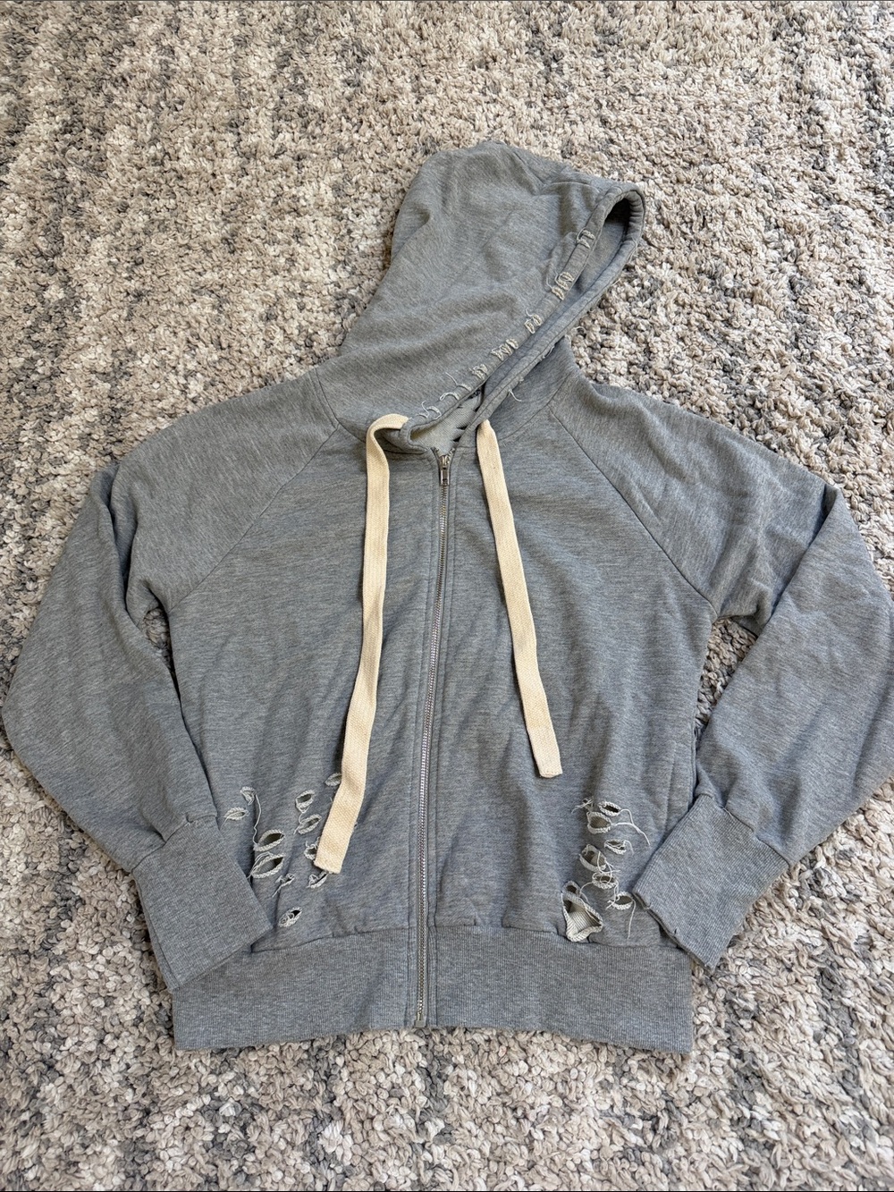 Dance & Marvel Gray Zip-Up Distressed Hoodie with Cream Drawstrings